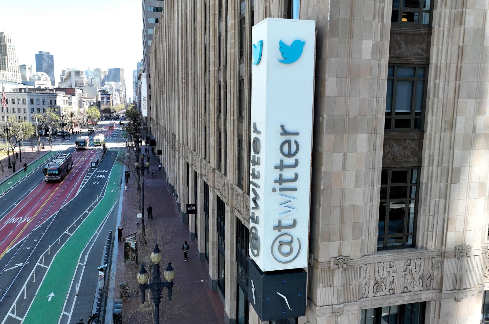 In an aerial view, a modified company sign is posted on the exterior of the Twitter headquarters in San Francisco, California, U.S., April 10, 2023. (AFP Photo)