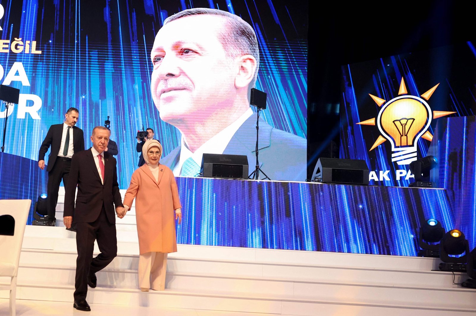 President Recep Tayyip Erdoğan and first lady Emine Erdoğan attend the AK Party election manifesto event, in the capital Ankara, Türkiye, April 11, 2023. (AFP Photo)