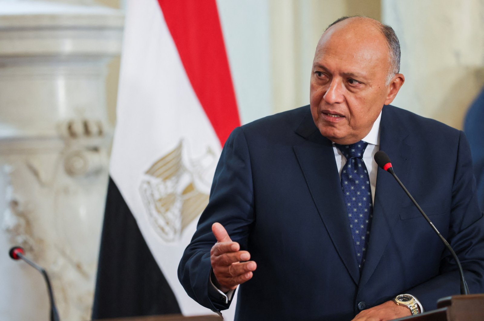 Egyptian Foreign Minister Sameh Shoukry speaks during a news conference with Foreign Minister Mevlüt Çavuşoğlu in Cairo, Egypt, March 18, 2023. (Reuters File Photo)