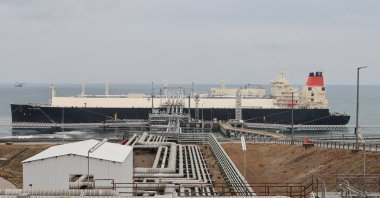 The LNG ship that makes the first gas shipment to Bulgaria from Türkiye is seen docked at the Marmara Ereğlisi LNG Terminal in Tekirdağ, Türkiye, April 12, 2023. ( AA Photo)