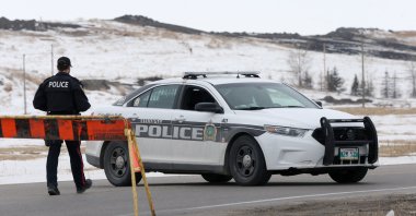 A police car blocks the entrance to the Brady Road Resource Management Facility, in Winnipeg, Manitoba, Canada April 4, 2023. (Reuters File Photo)