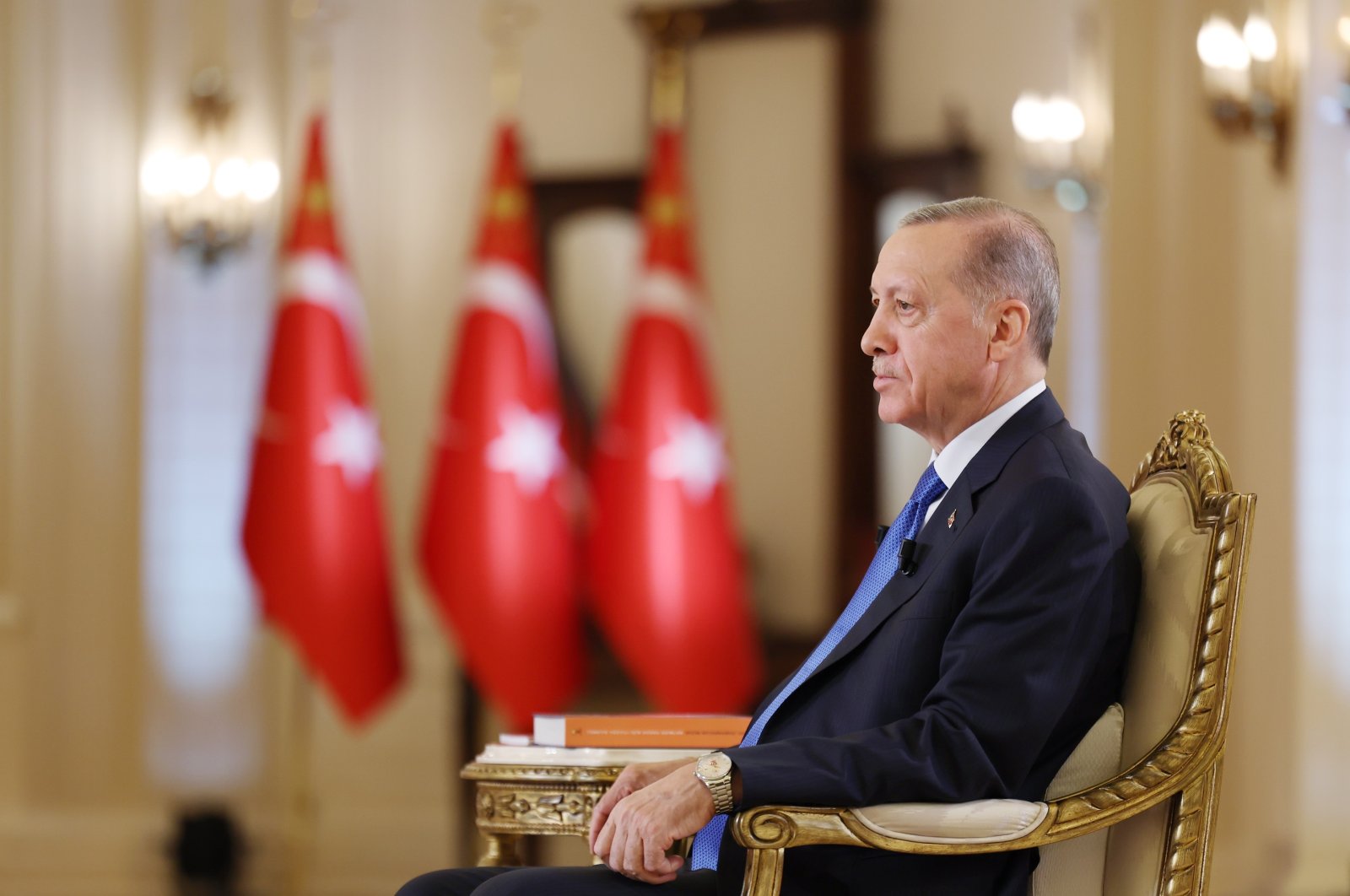 President Recep Tayyip Erdoğan speaks during an interview, in the capital Ankara, Türkiye, April 12, 2023. (İHA Photo)