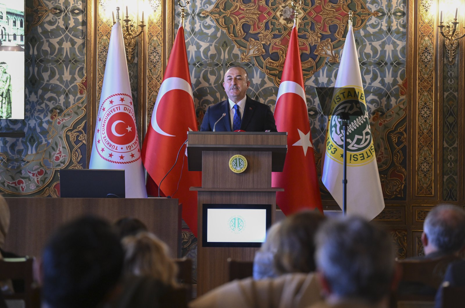 Foreign Minister Mevlüt Çavuşoğlu speaks at the symposium, in Istanbul, Türkiye, Apr. 13, 2023. (AA Photo) 