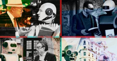 A combination of four digital illustrations created by OpenAI&#039;s DALL-E depicts a scene where "a veteran journalist and a novice journalist are discussing the influence of artificial intelligence on the future of journalism." (Courtesy of DALL-E)