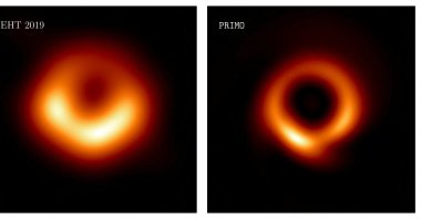 The original 2019 image (L) and the new version of the image of the supermassive black hole in the galaxy M87. (Reuters Photo)