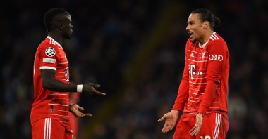 Bayern Munich's Leroy Sane (R) and Sadio Mane react during the UEFA Champions League quarterfinal first leg match against Manchester City, Manchester, U.K., April 11, 2023. (EPA Photo)