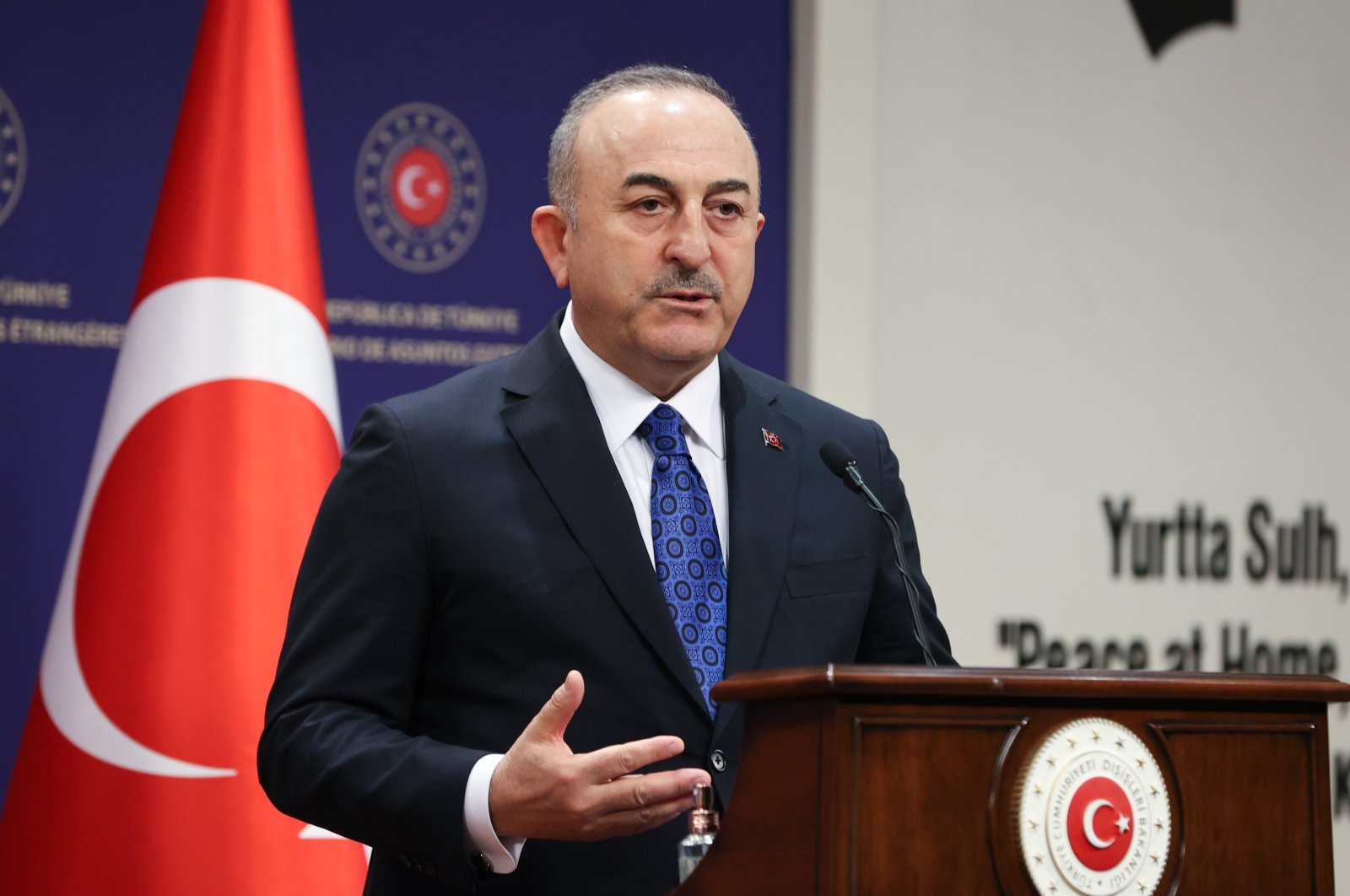 Foreign Minister Mevlüt Çavuşoğlu is seen during a joint news conference with his Egyptian counterpart in the capital Ankara, Türkiye, April 14, 2023 (AA Photo)