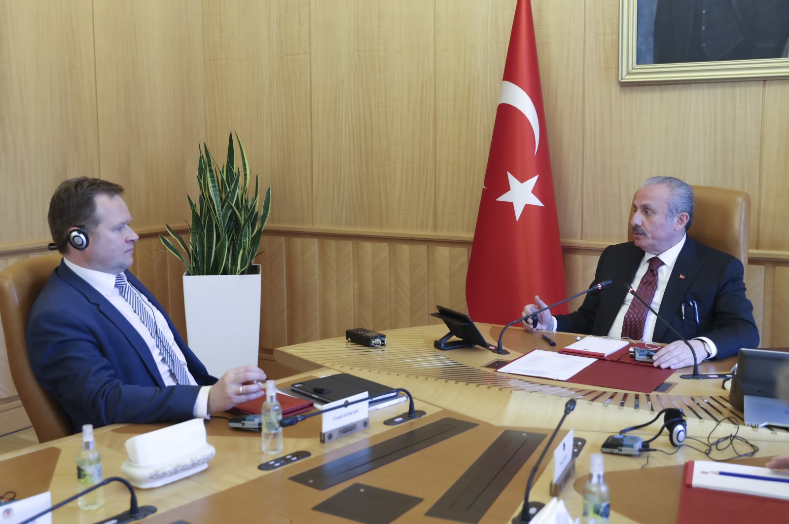Parliament Speaker Mustafa Şentop (R) speaks with delegation head Frank Schwabe, in the capital Ankara, Türkiye, April 13, 2023. (AA Photo)