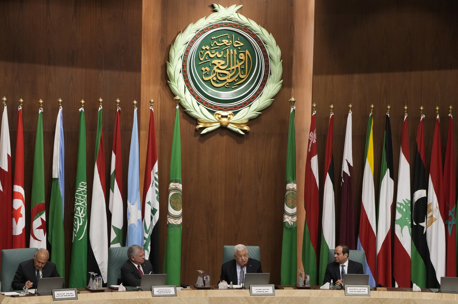 From right to left, Egyptian President Abdel-Fattah el-Sissi, Palestinian President Mahmoud Abbas, King Abdullah II of Jordan, and Arab League Secretary-General, Ahmed Aboul Gheit, attend a conference to support Jerusalem at the Arab League headquarters in Cairo, Egypt, Feb. 12, 2023. (AP File Photo)