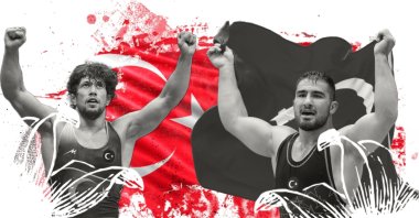 An illustration shows Turkish wrestlers Selçuk Can (L) and Feyzullah Aktürk. (Illustration by Kelvin Ndunga)