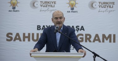 Interior Minister Süleyman Soylu speaks at an event, in Istanbul, Türkiye, April 16, 2023. (AA Photo)