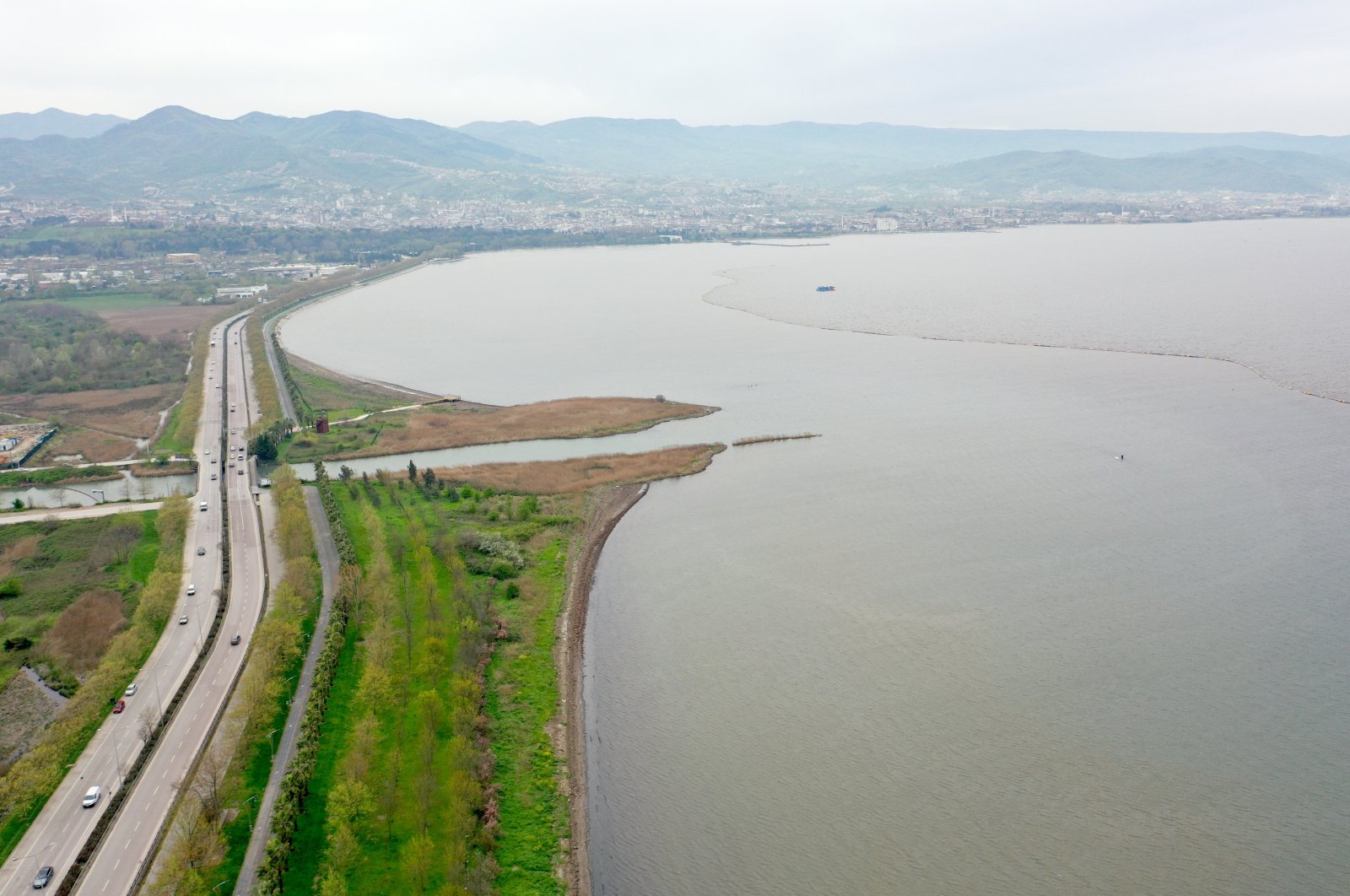 An aerial view of the Gulf of Izmit where pipes are being placed to transport the bottom sludge to shore, Izmit, Türkiye, April 16, 2023. (AA Photo)