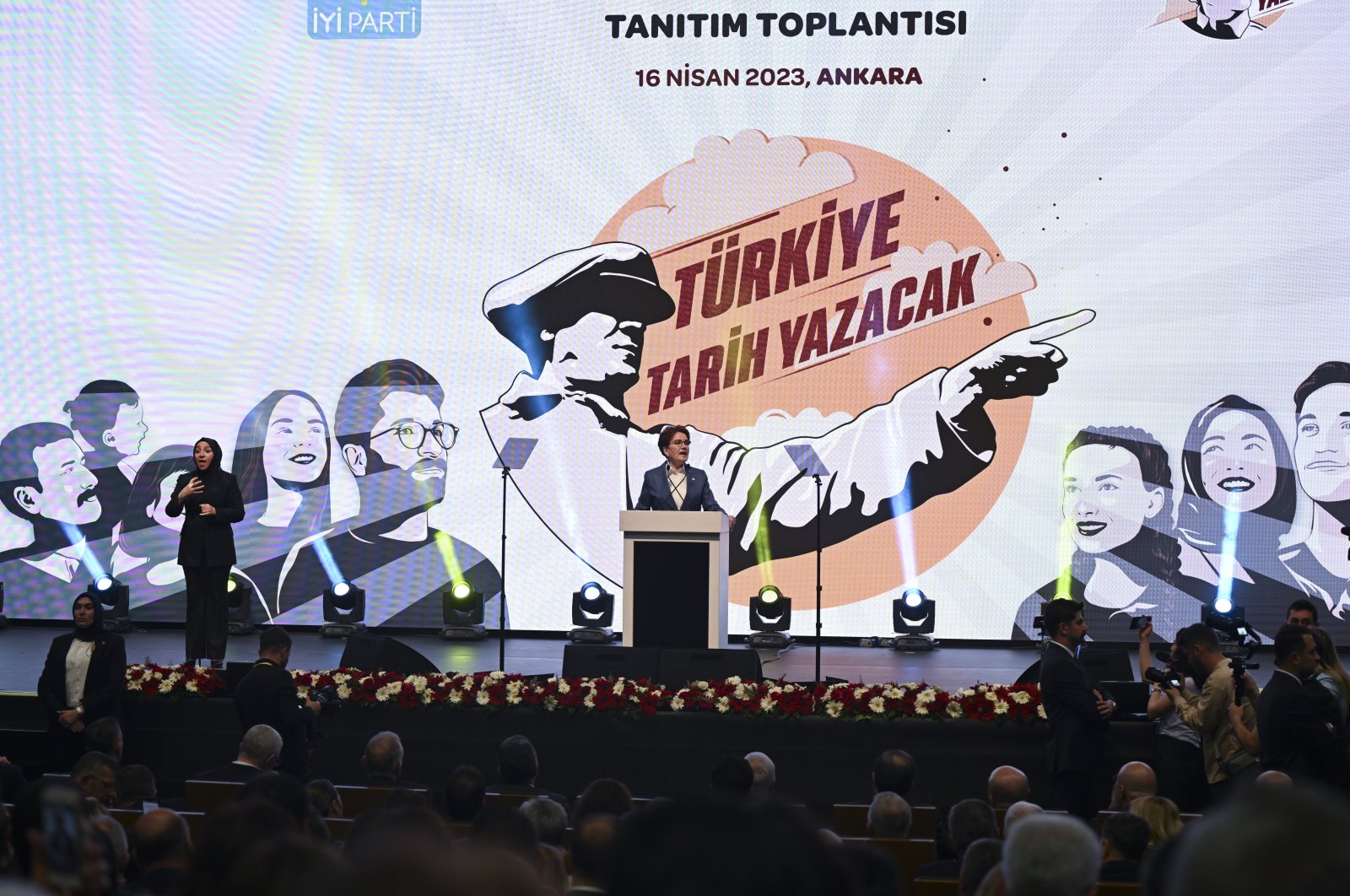 Meral Akşener speaks at her party&#039;s event to promote election manifesto, in the capital Ankara, Türkiye, Apr. 16, 2023. (AA Photo) 