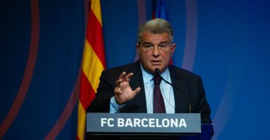 Barcelona&#039;s President Joan Laporta addresses a news conference at the Camp Nou stadium, Barcelona, Spain, April 17, 2023. (AA Photo)