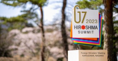This picture shows the G-7 logo during the G7 Foreign Ministers&#039; Meeting in Karuizawa, Japan, April 17, 2023. (AFP Photo)