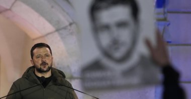 Ukrainian President Volodymyr Zelenskyy holds a speech during his visit to Warsaw, Poland, April 5, 2023. (AP Photo)