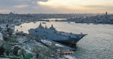 Türkiye’s multipurpose amphibious assault ship TCG Anadolu is seen anchored at the port in Sarayburnu, Istanbul, Türkiye, April 16, 2023. (AA Photo)