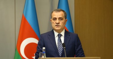 Azerbaijani Foreign Minister Jeyhun Bayramov attends a joint news conference with his North Macedonian counterpart in Baku, Azerbaijan, April 12, 2023. (AA Photo)