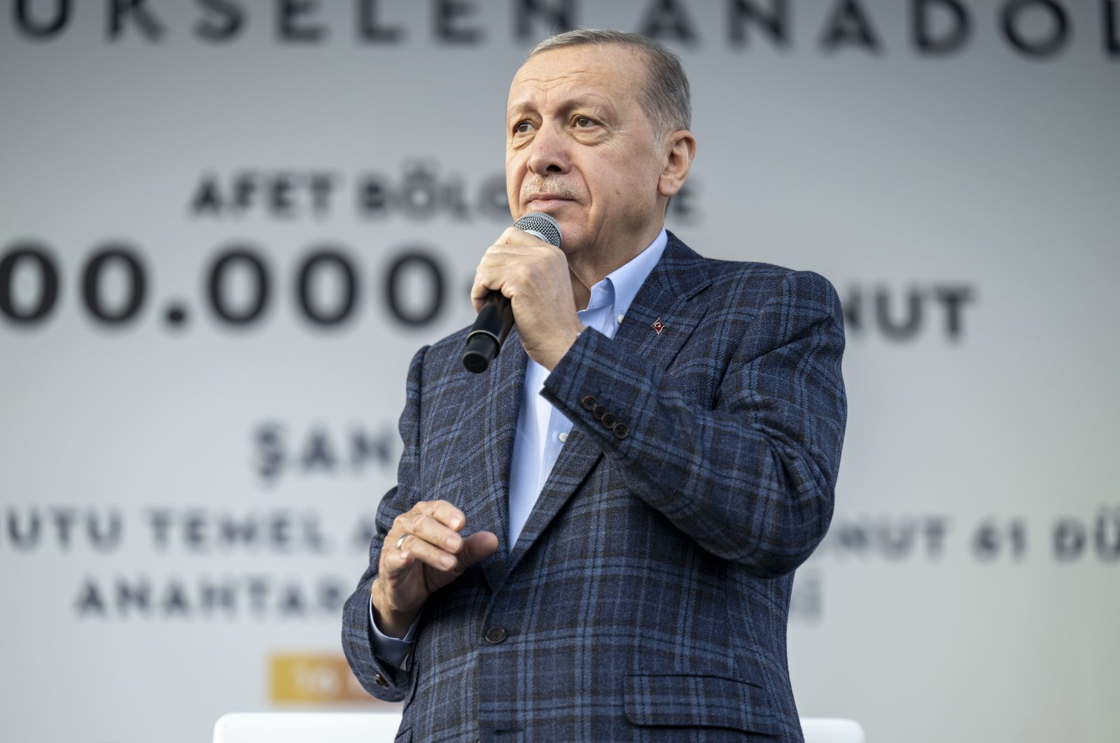 President Recep Tayyip Erdoğan speaks at an event, in Şanlıurfa, southeastern Türkiye, Apr. 16, 2023. (AA Photo) 