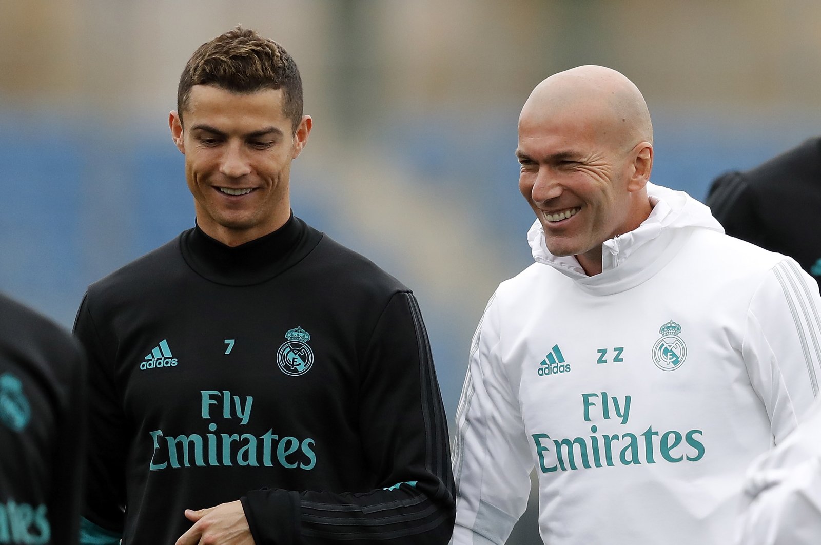 This file photo shows Cristiano Ronaldo (L) and head coach Zinedine Zidane at Real Madrid during a training session at Valdebebas training ground, Madrid, Spain, Nov. 24, 2017. (Getty Images Photo)