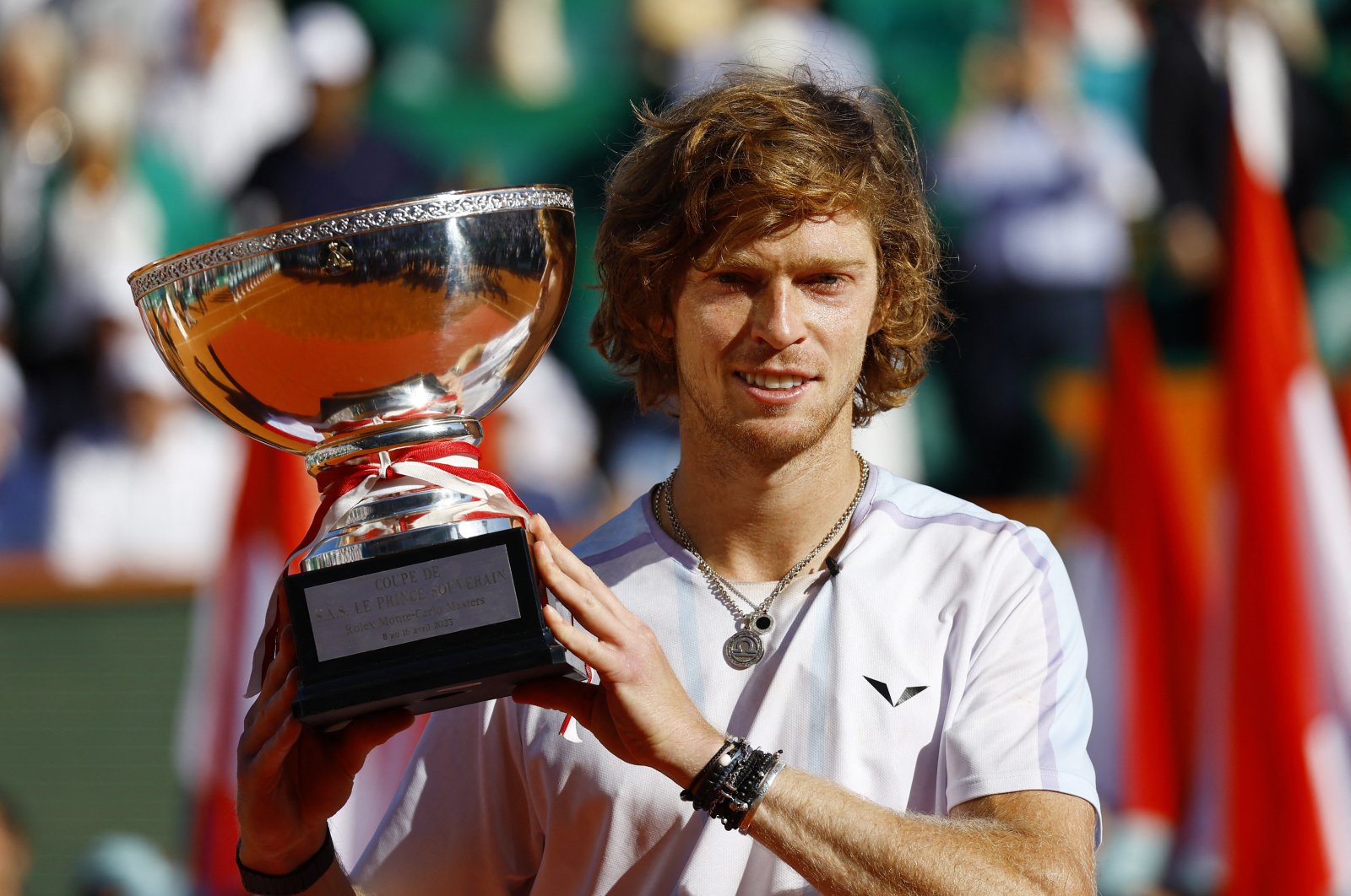 Russia&#039;s Andrey Rublev celebrates with the trophy after winning the final against Denmark&#039;s Holger Rune at the Monte Carlo Masters, Monte-Carlo Country, France, April 16, 2023. (Reuters Photo) 