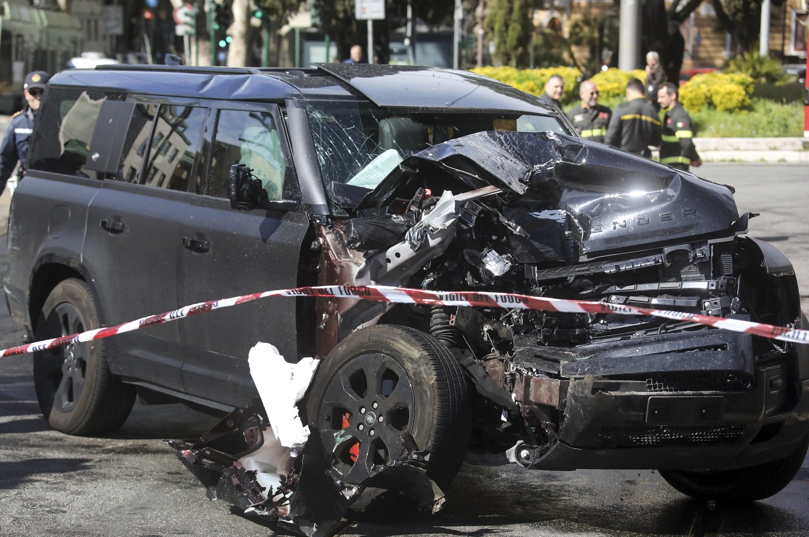 The damaged car of Lazio&#039;s player Ciro Immobile lies by the road after crashing, Rome, Italy, April 16, 2023. (AP Photo)