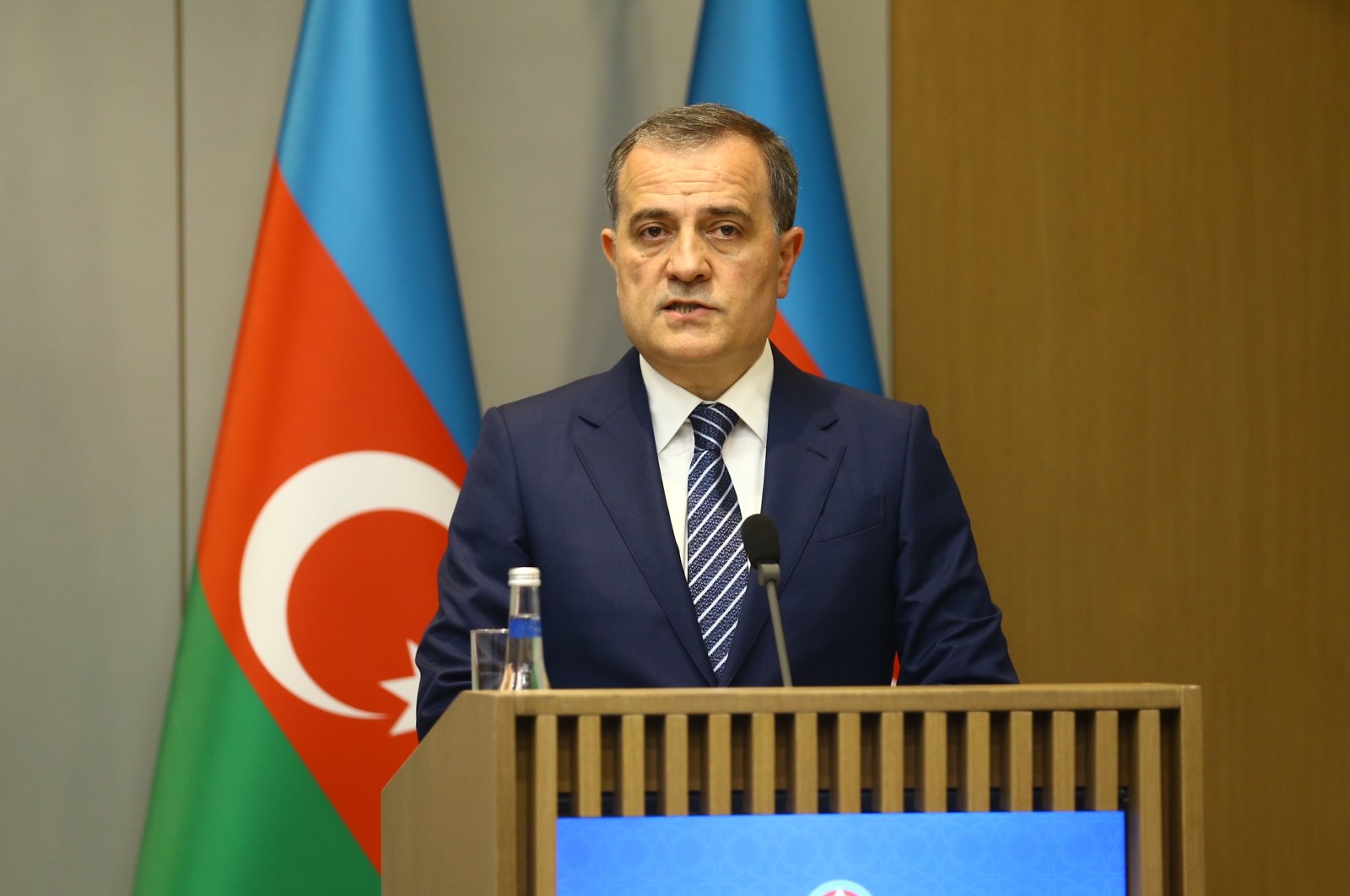 Azerbaijani Foreign Minister Jeyhun Bayramov attends a joint news conference with his North Macedonian counterpart in Baku, Azerbaijan, April 12, 2023. (AA Photo)