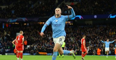 Manchester City's Erling Braut Haaland celebrates scoring their third goal against Bayern Munich during Champions League quarterfinal, first leg match at Etihad Stadium, Manchester, U.K., April 11, 2023. (Reuters Photo)