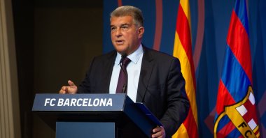 FC Barcelona President Joan Laporta speaks during the "Negreira case" news conference at Camp Nou, Barcelona, Spain, April 17, 2023. (AA Photo)