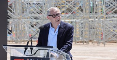 Formula One Group President and CEO Stefano Domenicali speaks at a topping out event for the Las Vegas Grand Prix paddock building, Las Vegas, April 13, 2023. (AFP Photo)