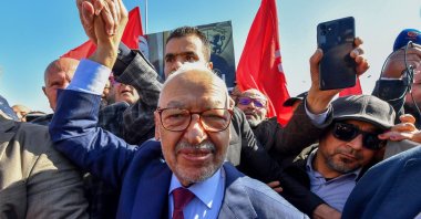 The head of Tunisian opposition Ennahdha, Rached Ghannouchi arrives at a police station in Tunis, Tunisia, Feb. 21, 2023. (AFP Photo)