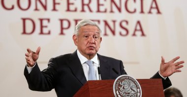 The President of Mexico, Andres Manuel Lopez Obrador, speaks during his morning press conference at the National Palace in Mexico City, April 17, 2023. (EPA Photo)