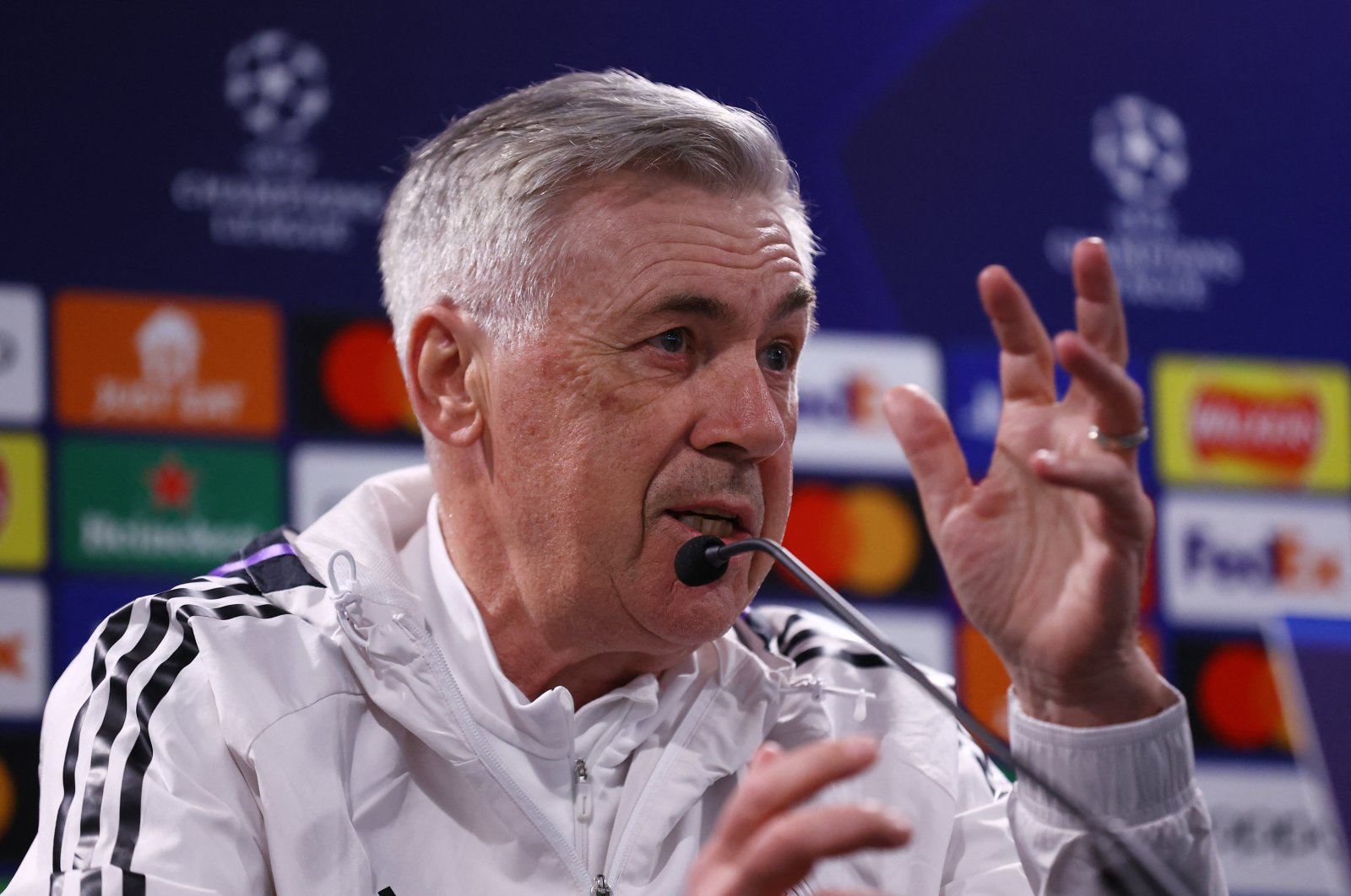 Real Madrid coach Carlo Ancelotti during the UCL press conference at Stamford Bridge, London, U.K.., April 17, 2023. (Reuters Photo)