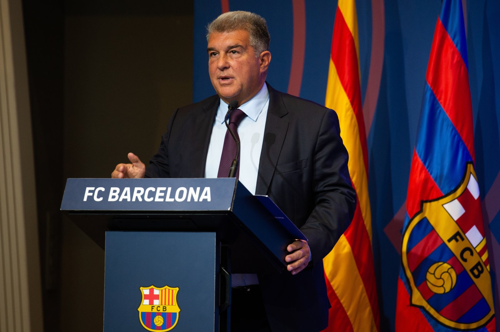 FC Barcelona President Joan Laporta speaks during the &quot;Negreira case&quot; news conference at Camp Nou, Barcelona, Spain, April 17, 2023. (AA Photo)