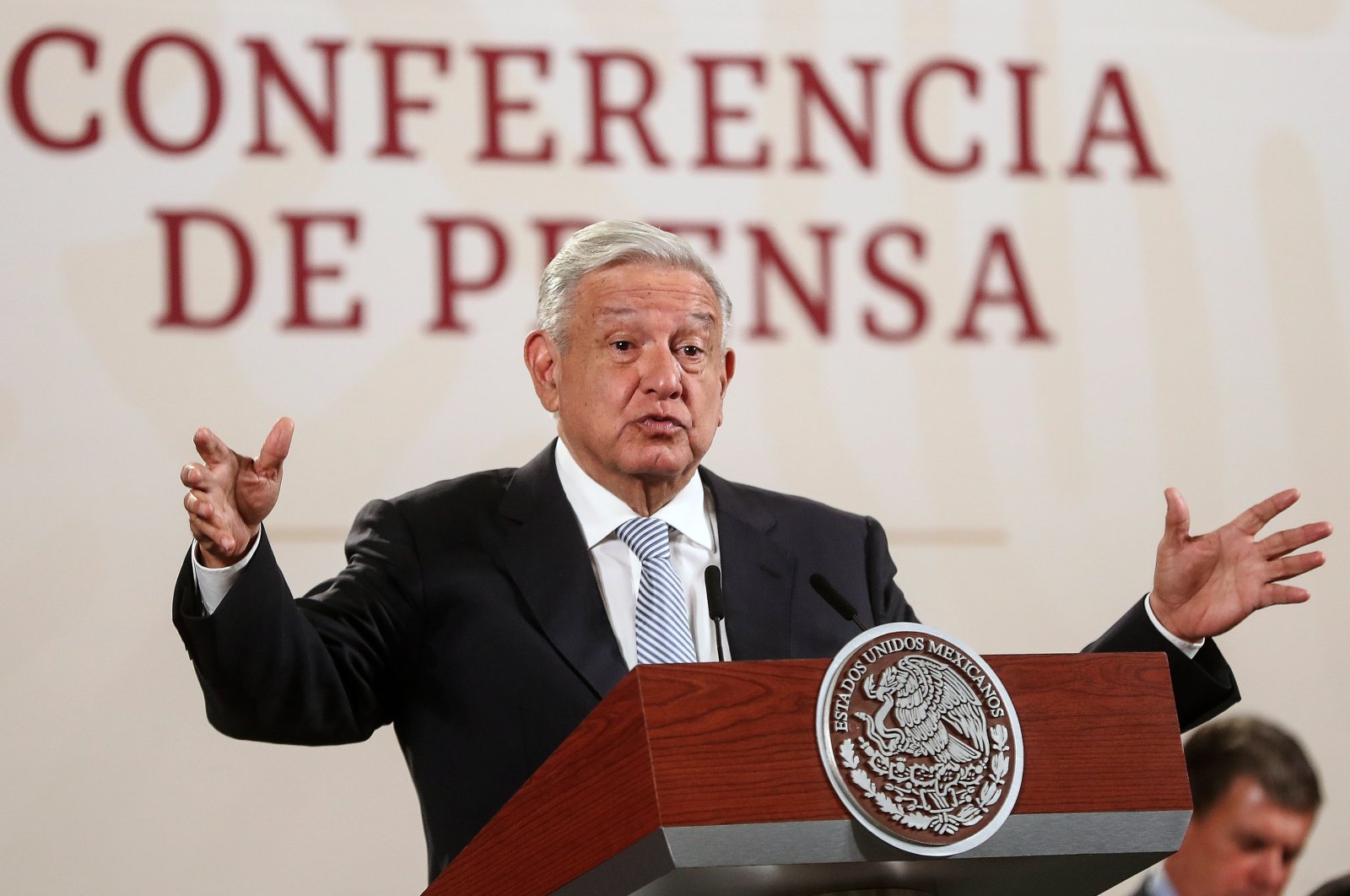 The President of Mexico, Andres Manuel Lopez Obrador, speaks during his morning press conference at the National Palace in Mexico City, April 17, 2023. (EPA Photo)