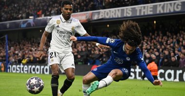 Real Madrid&#039;s Rodrygo in action with Chelsea&#039;s Marc Cucurella during Champions League quarterfinal second leg at Stamford Bridge, London, U.K., April 18, 2023. (Reuters Photo)