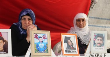 Two mothers are seen protesting in front of the Peoples' Democratic Party (HDP) headquarters in southeastern Diyarbakır province, Türkiye, April 18, 2023 (AA Photo)