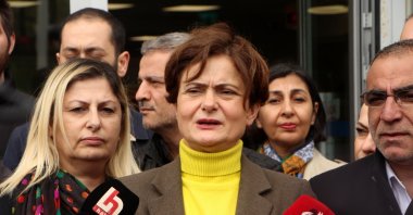 Canan Kaftancıoğlu, head of the Republican People’s Party (CHP), talks to reporters after making a donation for presidential runner Kemal Kılıçdaroğlu's campaign, in Istanbul, Türkiye, April 18, 2023. (DHA Photo)