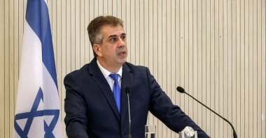Israel&#039;s Foreign Minister Eli Cohen speaks during a joint news conference with his Greek Cypriot and Greek counterparts following their trilateral meeting at the foreign ministry headquarters in Nicosia, Greek Cyprus, on March 31, 2023. (AFP Photo)