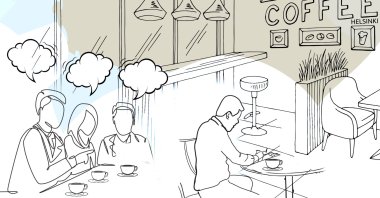 As the strange trio spins their lattes, the satire in their conversation becomes extremely gripping. (Illustration by Büşra Öztürk)