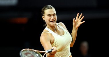 Belarus&#039; Aryna Sabalenka in action during Stuttgart Open round of 16 match against Czech Republic&#039;s Barbora Krejcikova at the Porsche Arena, Stuttgart, Germany, April 19, 2023. (Reuters Photo)
