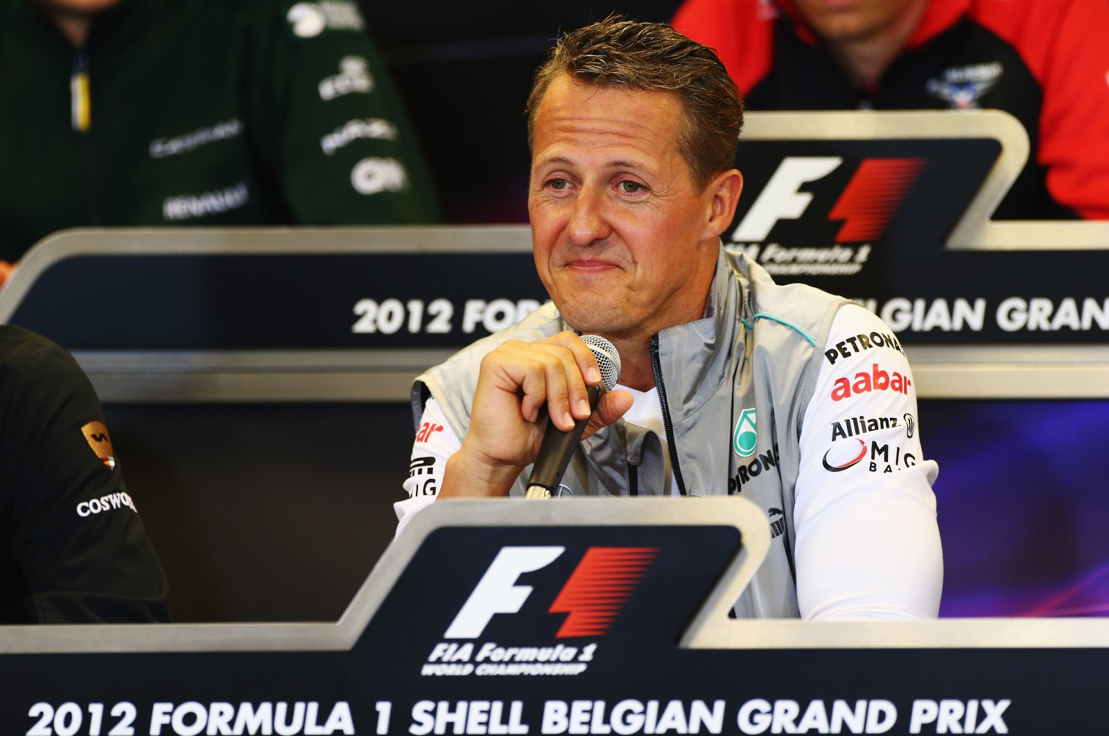 A file photo of German driver Michael Schumacher at a press conference during previews to the Belgian Grand Prix, Spa Francorchamps, Aug. 30, 2012. (Getty Images Photo)