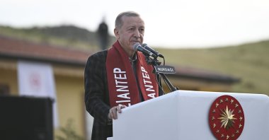 President Recep Tayyip Erdoğan speaks during a ceremony in Nurdağı district, Gaziantep, Türkiye, April 22, 2023. (AA Photo)