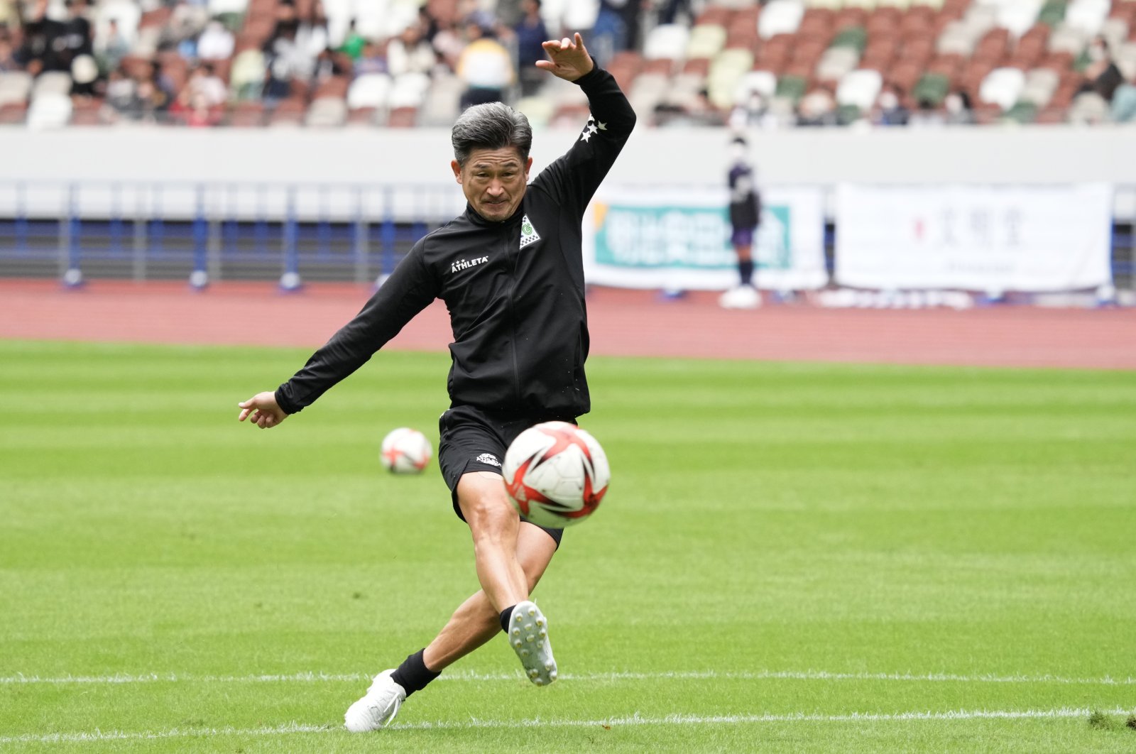 Former Suzuka Point Getters player Kazuyoshi Miura in action prior to the JFL match against Criacao Shinjuku at the National Stadium, Tokyo, Japan, Oct. 9, 2022. (Getty Images Photo)