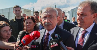 Kemal Kılıçdaroğlu, presidential runner of the main opposition, talks to reporters following a visit to a field hospital in the Adıyaman province, Türkiye, April 21, 2023. (AA Photo)