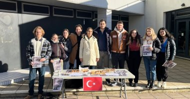 Turkish members of the Warwick Turkish Student Union pose in the bazaar at the University of Warwick in Coventry, England, April 24, 2023. (AA Photo)