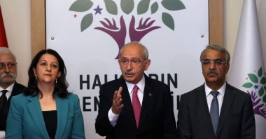 Republican People's Party (CHP) Chairman and presidential candidate Kemal Kılıçdaroğlu (C), and Peoples' Democratic Party (HDP) co-Chairs Pervin Buldan (L) and Mithat Sancar (R) hold a news conference after a meeting at Parliament in Ankara, Türkiye, March 20, 2023. (AFP Photo)