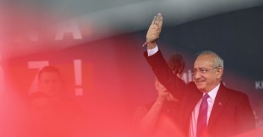 Kemal Kılıçdaroğlu, the Republican People's Party (CHP) Chairperson and the opposition alliance's joint presidential candidate, gestures during a rally in Çanakkale, western Türkiye, April 11, 2023. (AFP Photo)