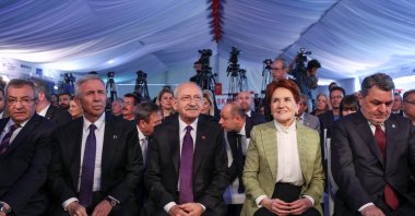 Ankara Mayor Mansur Yavaş (L), the main opposition Republican People&#039;s Party (CHP) Chairperson Kemal Kılıçdaroğlu (C) and Meral Akşener, the leader of the Good Party (IP), attended the groundbreaking ceremony of Ankara Metropolitan Municipality, Ankara, Türkiye, April 18, 2023. (DHA Photo)