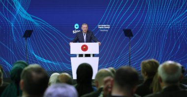 President Recep Tayyip Erdoğan delivers a speech during a ceremony to lay a foundation for a battery manufacturing facility in Bursa province, northwestern Türkiye, April 24, 2023. (AA Photo)
